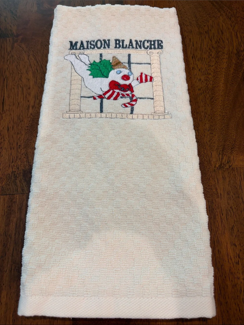 Festive Maison Blanche Cream Holiday Snowman Embroidered Kitchen Towel